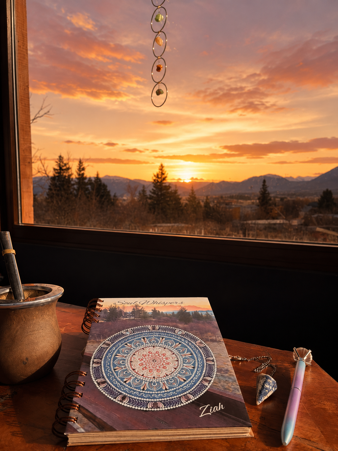 A hand-painted Soul Whispers mandala journal at a window overlooking mountains at sunset